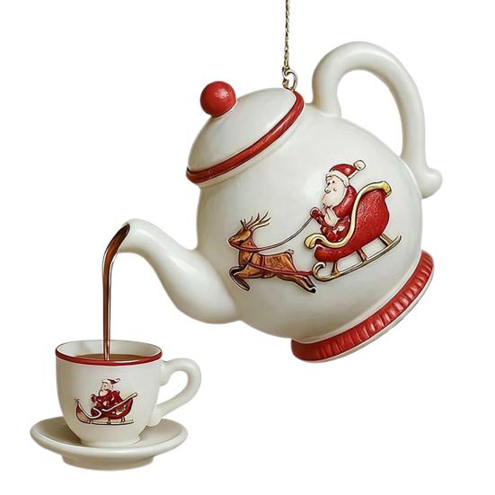 Yousheng Christmas Teapot Ornament Holly Vintage Tea Cups And Pot Set Xmas Tree Hanging Ornaments 2D Acrylic Teapot Decor with Pouring Tea Effect
