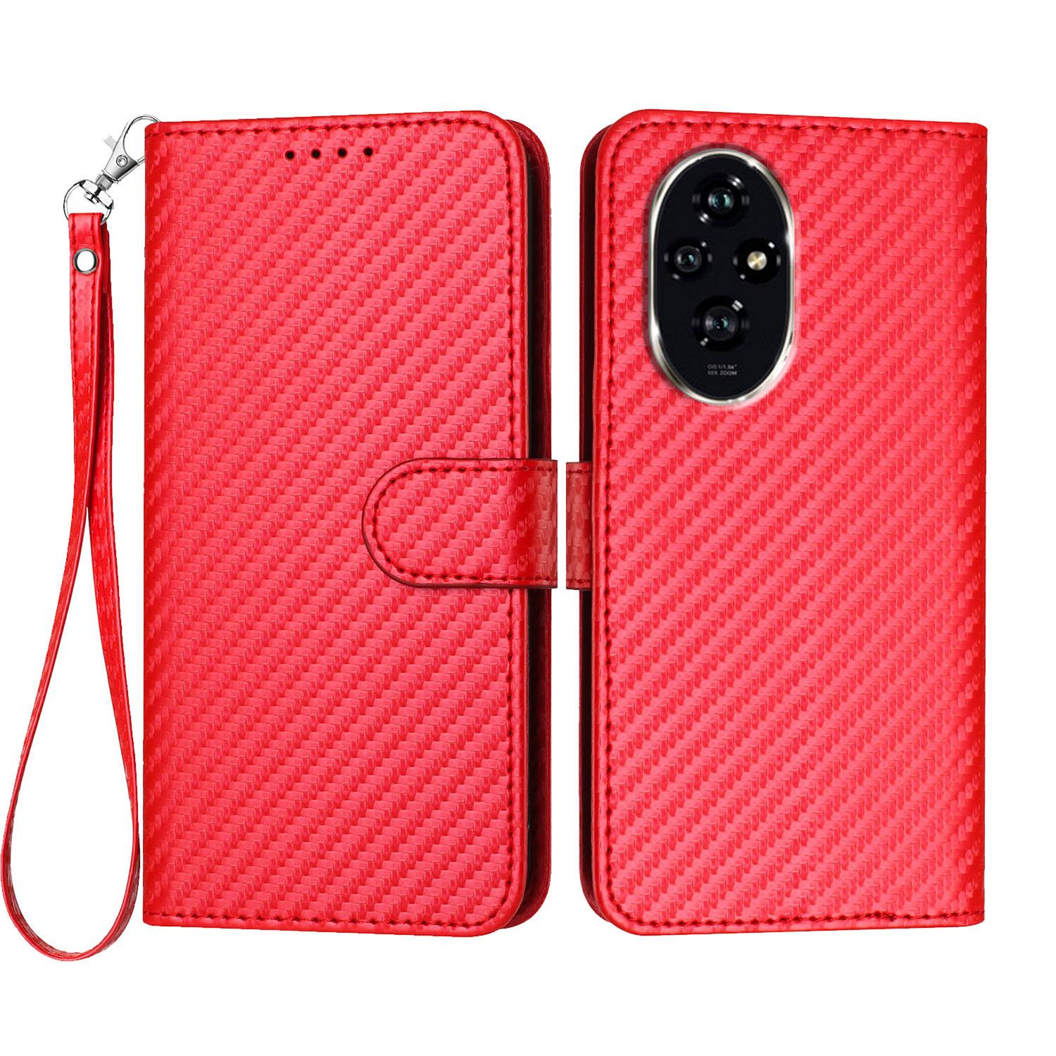 

For Honor 200 5G Wallet Case with Strap Carbon Fiber Texture Leather Mobile Cover Red
