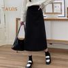 Women A-Line Skirt Elastic High Waist Solid Color Retro Slit Skirt Solid Autumn Winter Slimming Skirt