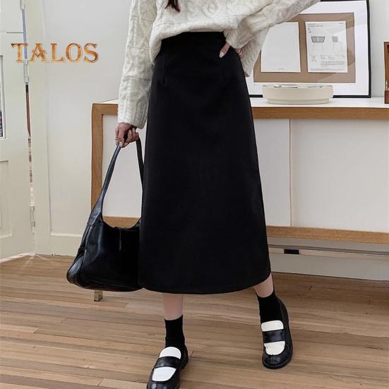 Women A-Line Skirt Elastic High Waist Solid Color Retro Slit Skirt Solid Autumn Winter Slimming Skirt