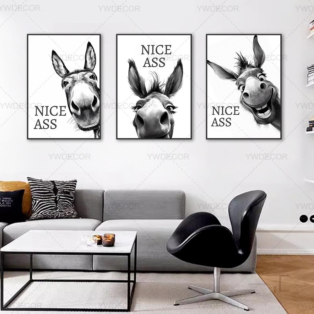 Abstract Funny Animals Donkey Poster Print Painting  Nice Ass Quote Canvas Wall Art Pictures for Home Bathroom Decor