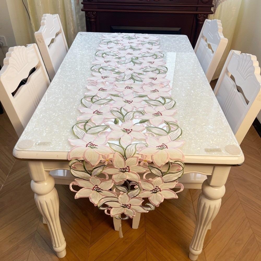 Hollow Design Embroidered Table Runner with Tassel Flower Table Mat Tablecloth Holiday Party