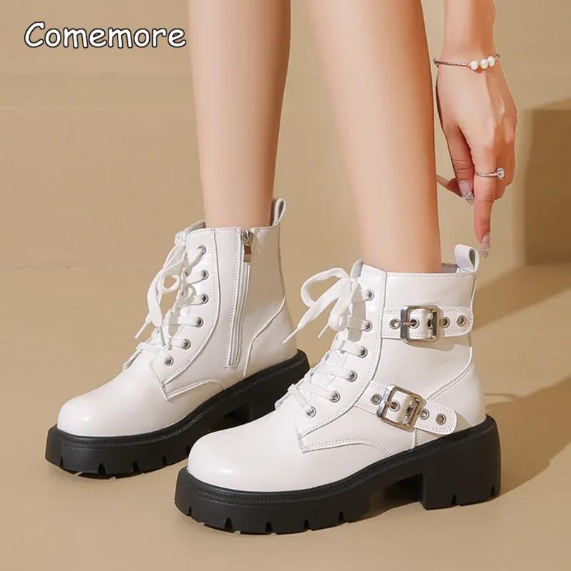 Fashion Fashion Metal Belt Buckle Decoration Western Boots Women 2025 Autumn Sexy High Heel Side Zip Ankle Boots Punk Thick Bottom Shoes