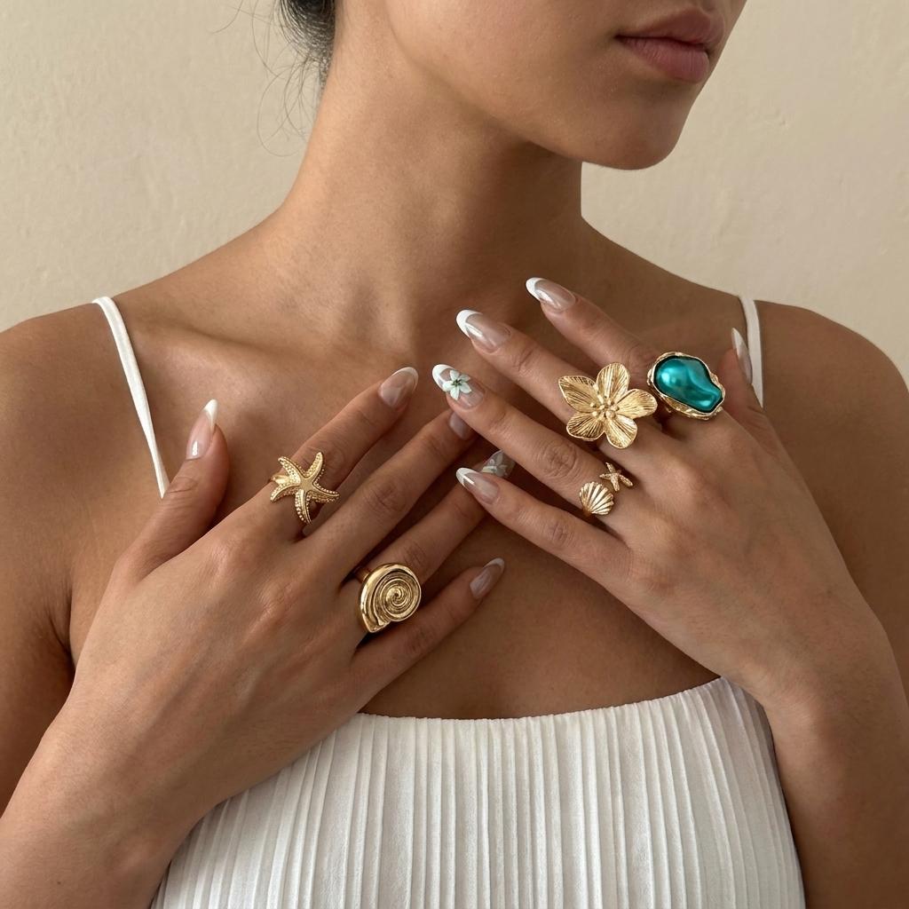 Bohemian Strand Goldfarben Ring Set für Damen Blume Muschel Seestern Muschel Türkis Stapelbarer Ring Sommerurlaub Schmuck Geschenk