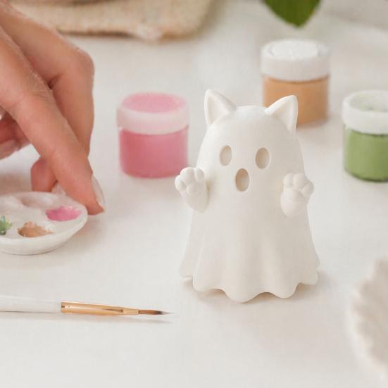 Unique Party Table Decorations 3D Printed Cute Ghost Cat Figurine, Wink Smile Surprise Spooky Halloween Decor, White PLA Craft Molds Blank DIY