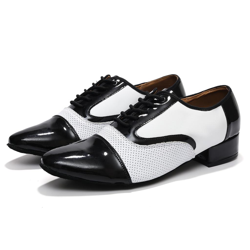 Chaussures de Danse Moderne en Cuir Noir et Blanc pour Homme Semelle Souple Garçon Adulte Tango Salsa Latin Danse de Salon Talon 2,5 cm