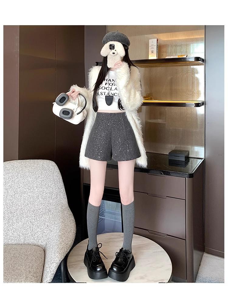 Black Woolen High Waist Women's Booty Shorts - Autumn Winter 2024 Korean Style Slim Fit Straight-Leg Shorts