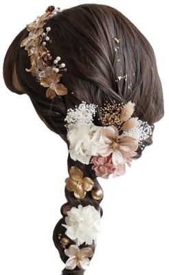 Lomeri Gold Headband Dried Flower Hair Ornament Coming of Age Ceremony Graduation Ceremony Wedding Hakama Gold E E24 [Lomeri] (Pink)