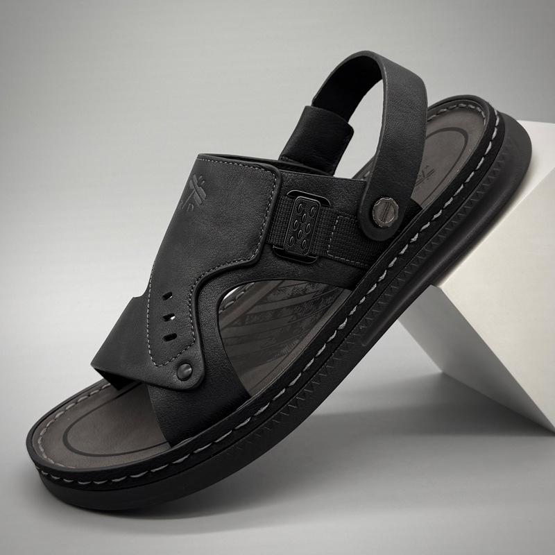 Men s Non-slip Genuine Leather Outdoor Beach Sandals - Comfortable Two-way Flip-flops Size 38 чёрный