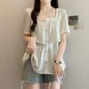 Women's Waist Cinched Short Sleeved T-shirt Square Collar Hollowed Out Design Tops Korean Minimalist Lady Clothing
