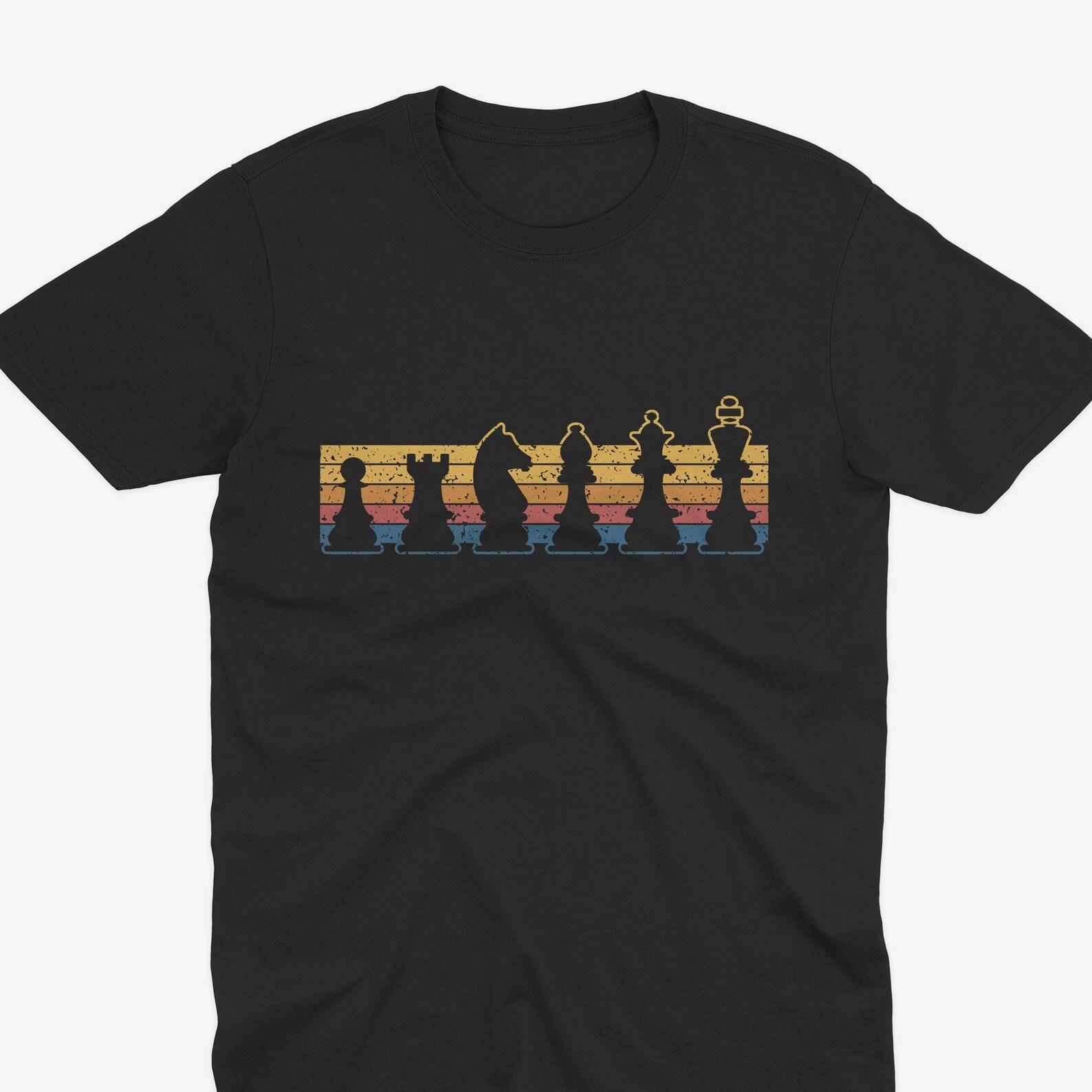 Retro Chess Pieces T-Shirt with Vintage Rainbow Stripes for Chess Lovers, Chess Rainbow Design, Chess player, Chess Gift, Chess T-Shirt 3XL