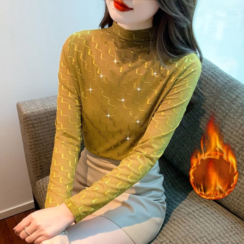 T-shirt for Women with Velvet Thickened Winter New Long-sleeved Pullover Top Half Turtle Neck Iron Diamond Base Shirt for Women