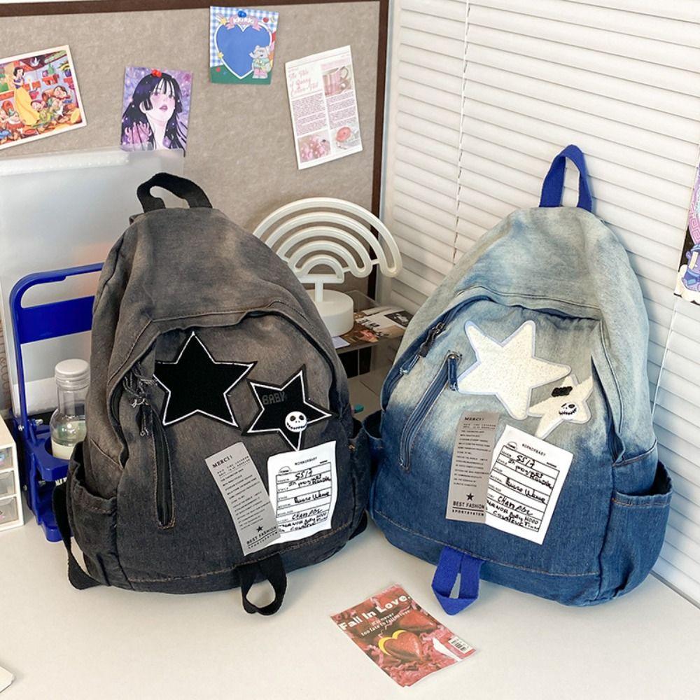 Small Pack Y2K  Shoulder Bag Gradient Casual Backpack Simple Denim Star Backpack  Travel