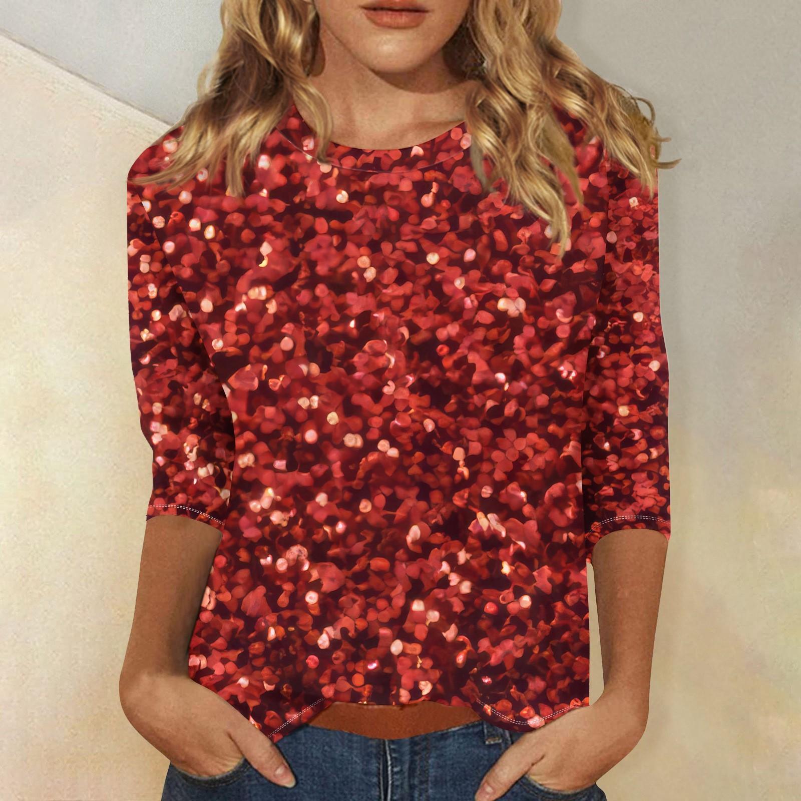 

Женская мода повседневная три четверти рукава с принтом пайеток круглый вырез топ XXXL красный
