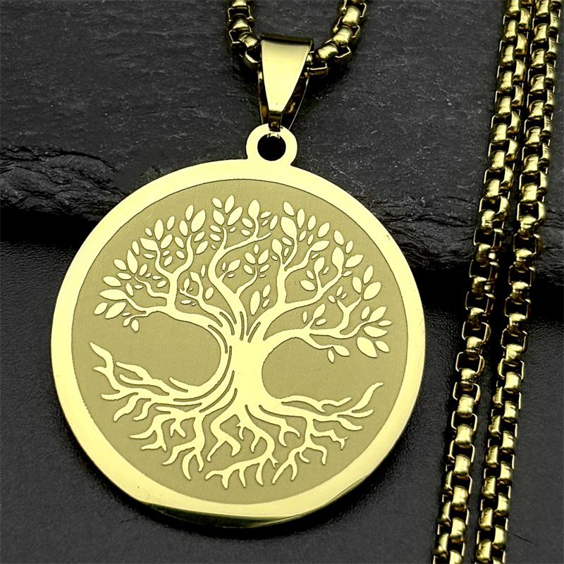 Collar Colgante Redondo Medalla Árbol de la Vida Acero Inoxidable para Mujeres Hombres Cadena Color Oro Plata Collares Joyería de Sanación Reiki