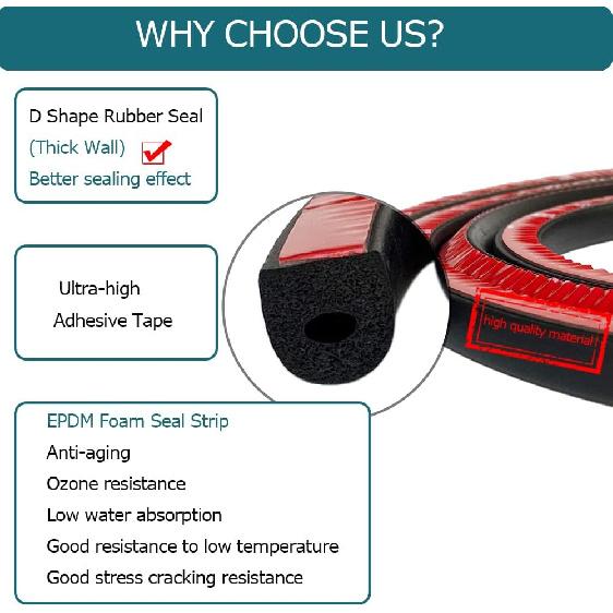 D Shape EPDM Foam Rubber Seal with Tape, Self-Adhesive Rubber Weather Stripping for Boat, Auto, RV, Marine, Garage Doors/Window and More, W:0.5";