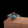 Adjustable Vintage Copper Ring With Turquoise Red Agate Inlay Hollow Carved Floral Ethnic Style Women Men