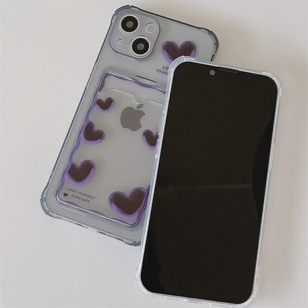Pouzdro na mobil Apple 13 Purple Heart Black se slotem pro kartu, kompatibilní s iPhone 11/14, 12 Pro, XR/XS Max, průhledný design.