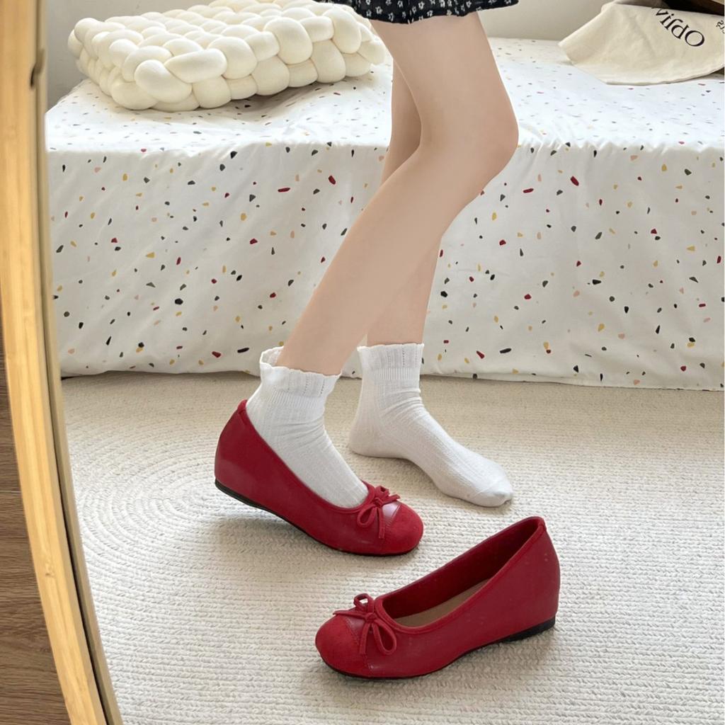 French Retro Soft-soled Single Shoes Silver Women's Shoes Summer Ladyshoes Evening Bow Red Flats Ballet Shoes