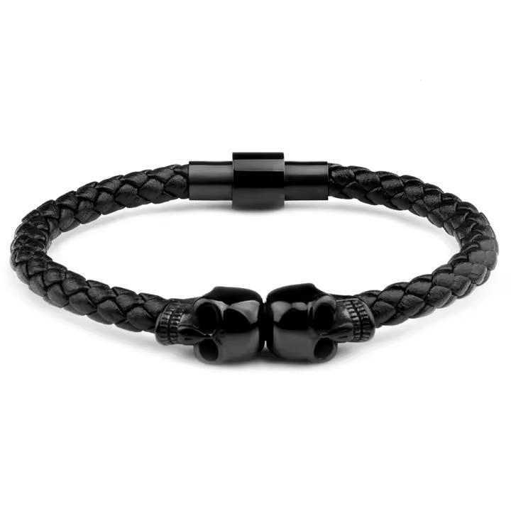 Stainless Steel Genuine Leather Bracelet Cool Skull Skeleton Head Bangle Black Braided Viking Bracelet For Men Jewelry Gift