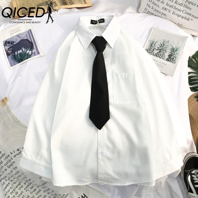 

QICED Женская Мода Повседневный Однотонный Принт Длинный Рукав Воротник ПОЛО Блузки и Рубашки S белый