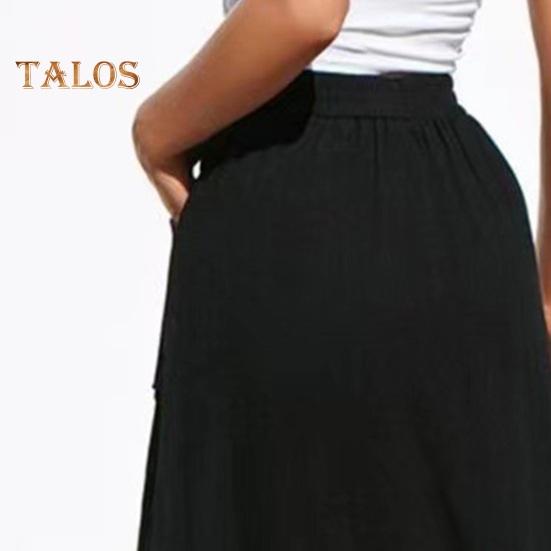 Damen-Midirock, elastisch, hoch tailliert, schlankmachender Stil, wadenlanger Rock mit Taschen, einfarbig, mit Knöpfen verziert, A-Linien-Rock