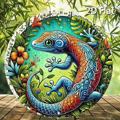 2D Flat 20*20cm1pc Colorful lizard&Brilliant Flowers Patterns Good Quality Art Plaque, Farmhouse Style Round Wooden Decor, Perfect for Decorating Wall