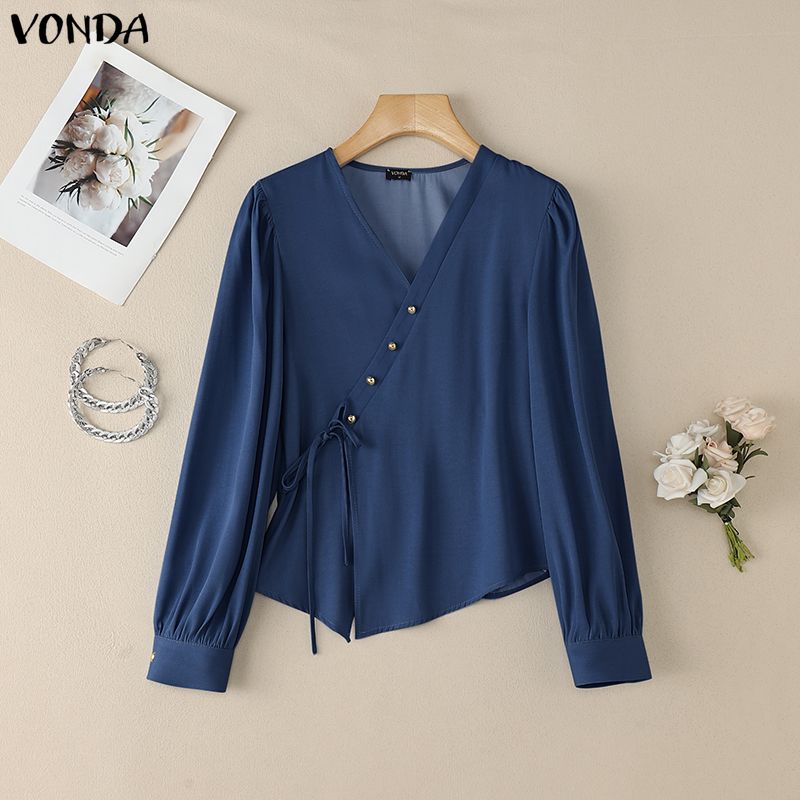 VONDA Women V-Neck Long Sleeve Lace-up Irregular Solid Color Casual Blouse