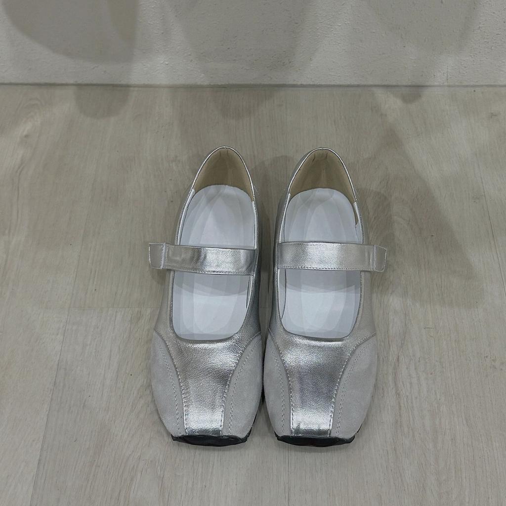 Sheepskin version~ Korean version of spring new leather silver light mouth with single shoes women's square head thick sole Mary Jane women's shoes