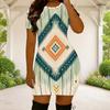 Women Plus Size Round Neck Short Sleeve Blue Green Abstract Printed Fitted Mini Dress