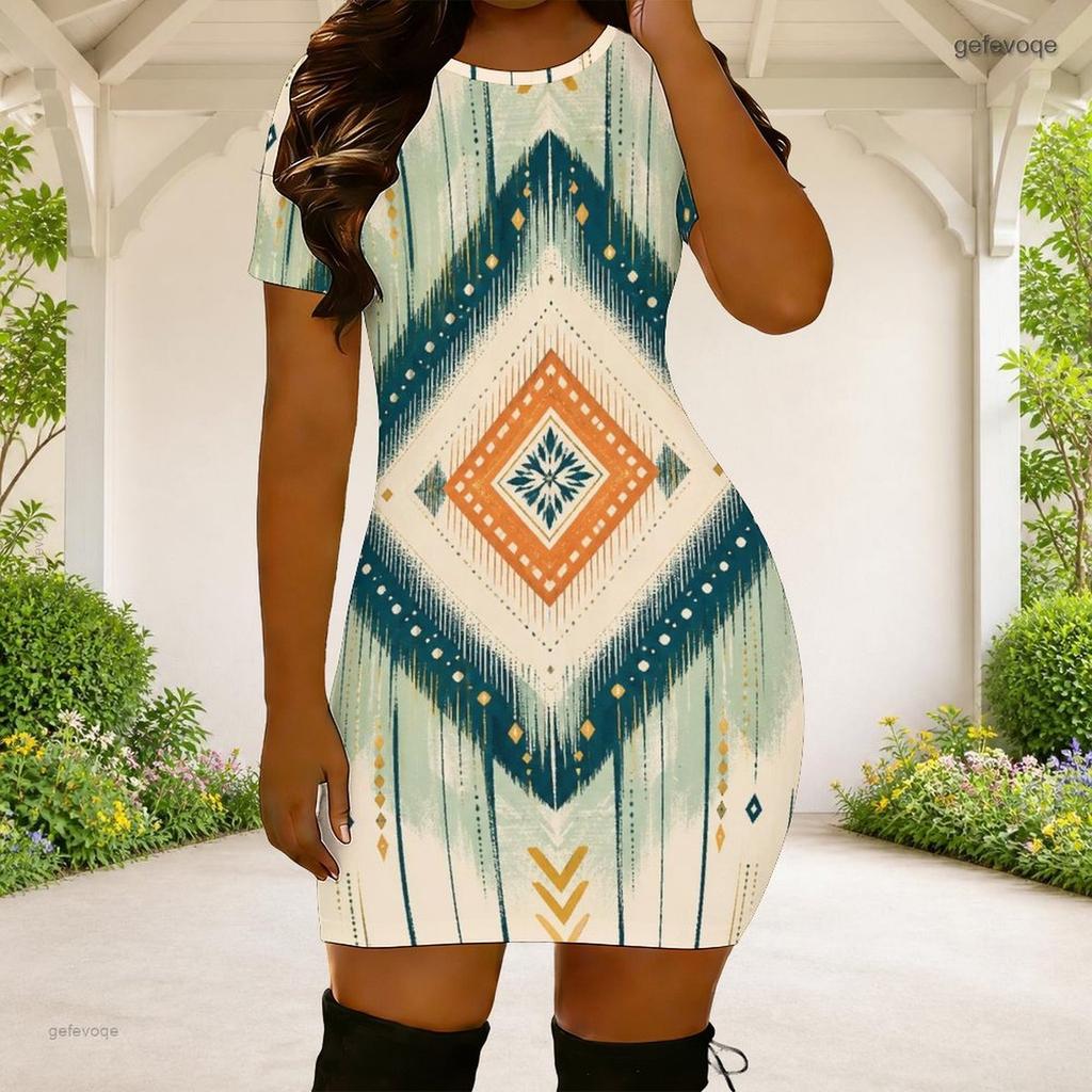 Women Plus Size Round Neck Short Sleeve Blue Green Abstract Printed Fitted Mini Dress
