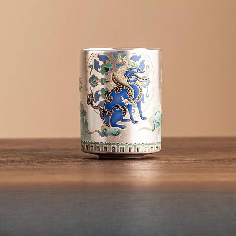 

999 Gilded Silver Tea Cup Chinese Kung Fu Straight Cup Household Small Capacity Tea Cup Drinking Utensils Teaware Gift Box Set 4.5x6cm 60ml