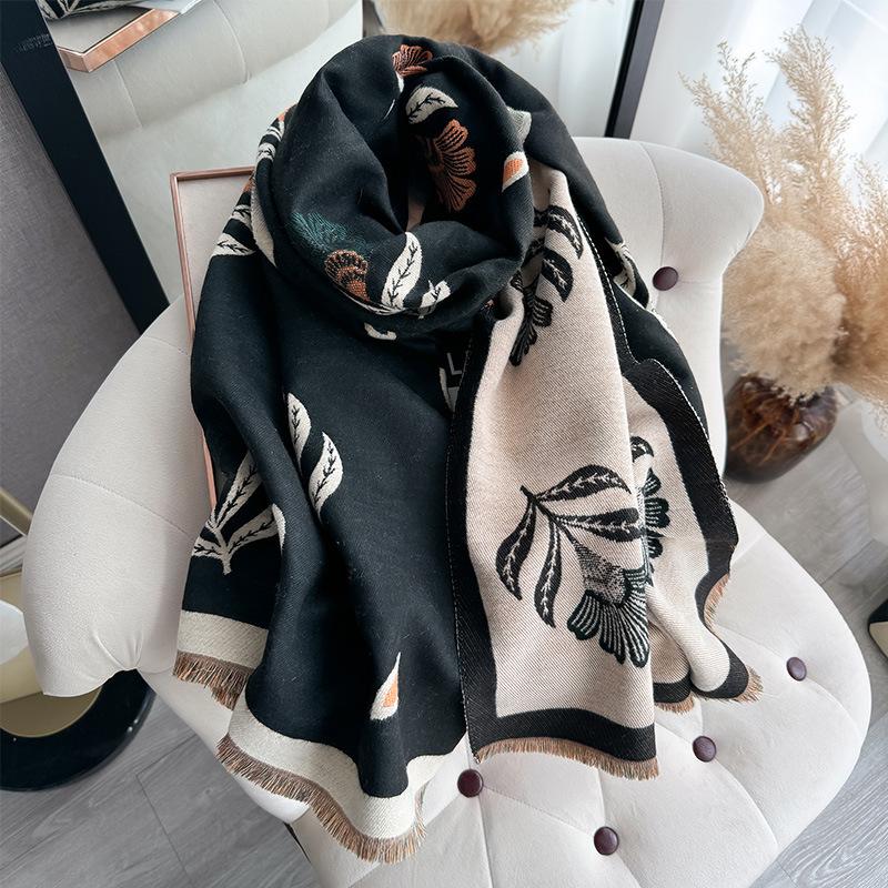 Autumn And Winter Plants, Small Fresh Flowers, Simple And High-End Printing, Women'S Imitation Cashmere Warm Scarf, Shawl Scarf
