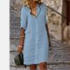 New loose lapel button medium sleeve solid color cotton and linen shirt dress