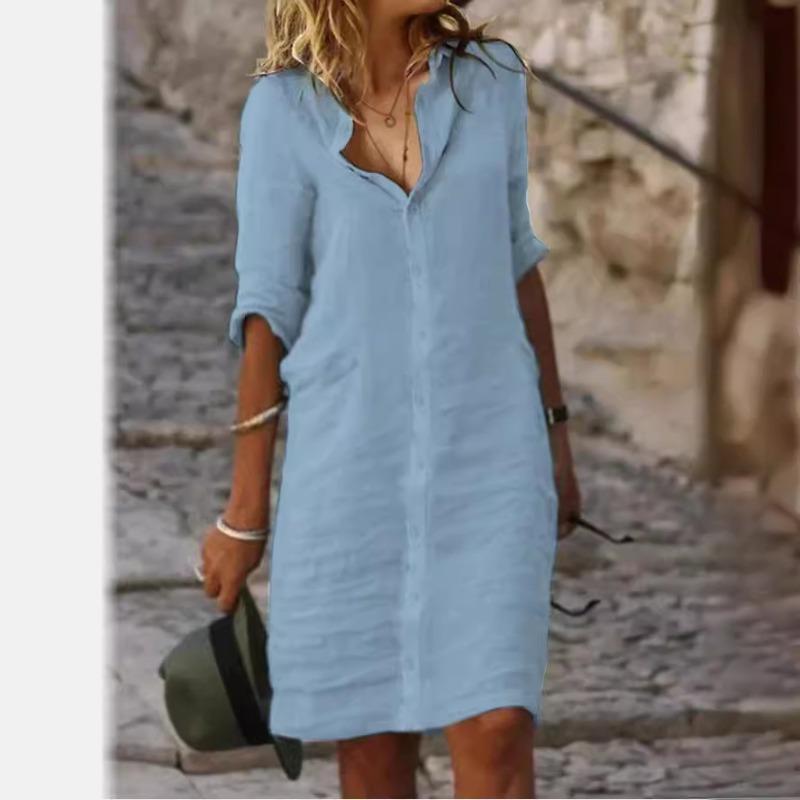New loose lapel button medium sleeve solid color cotton and linen shirt dress