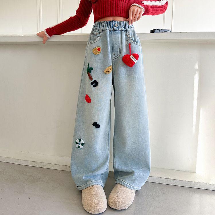 

Девочки Широкие брюки Деним Прямые брюки Весна и Осень Детские джинсовые брюки Свободные Махровые брюки с вышивкой Джинсы 140