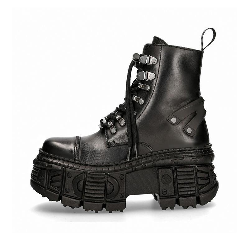 Fashion New Gothic Punk Men's Leather  Motorcycle Platform Rubber Boots Black  Mid-Calf Tactical Combat Boots Fashion 45