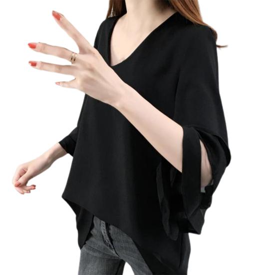 

Женские топы, сплошной цвет, шифон, свободный тип, V-образный вырез, рукава с рогами L чёрный