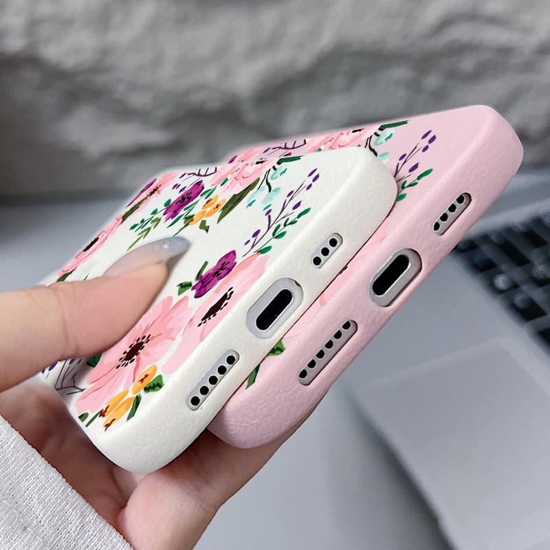 Matte Leather Texture TPU Soft Phone Case For iPhone 16 Pro Max 15 Pro 14 13 12 11 Floral Print Slim Shockproof Bumper Cover