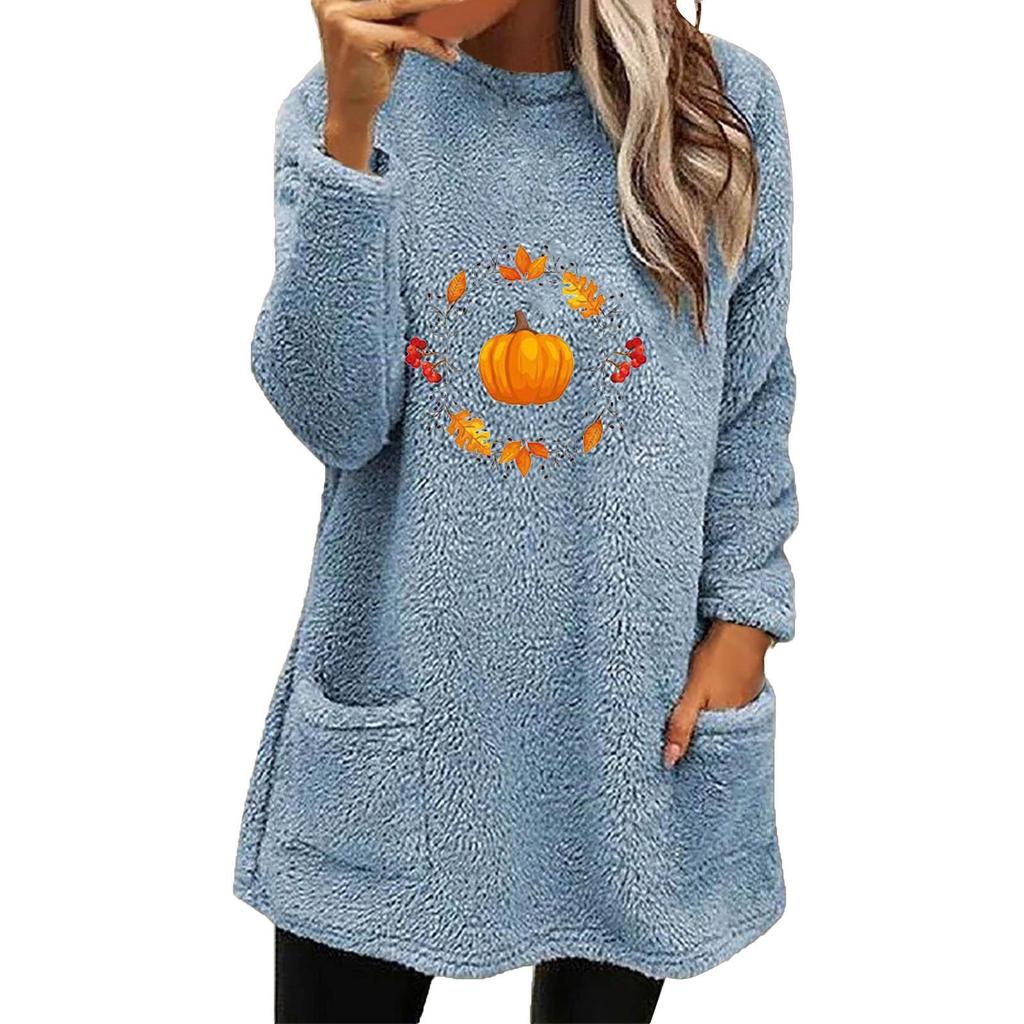Women's Pumpkin Print Fleece Sweatshirt, Long Sleeve, Casual Fit, Double-sided Fleece, Pockets, Round Neck - Autumn/Winter Collection