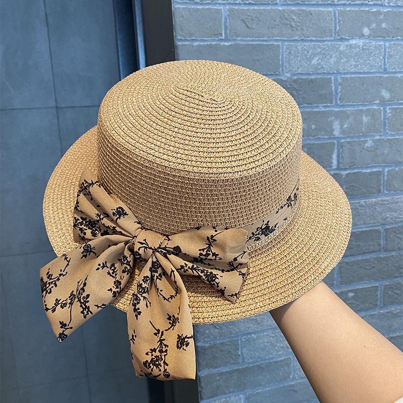 Bow Flat Top Top Hat UV Protection Versatile Casual Straw Hat Women's Summer Seaside Vacation Beach Hat