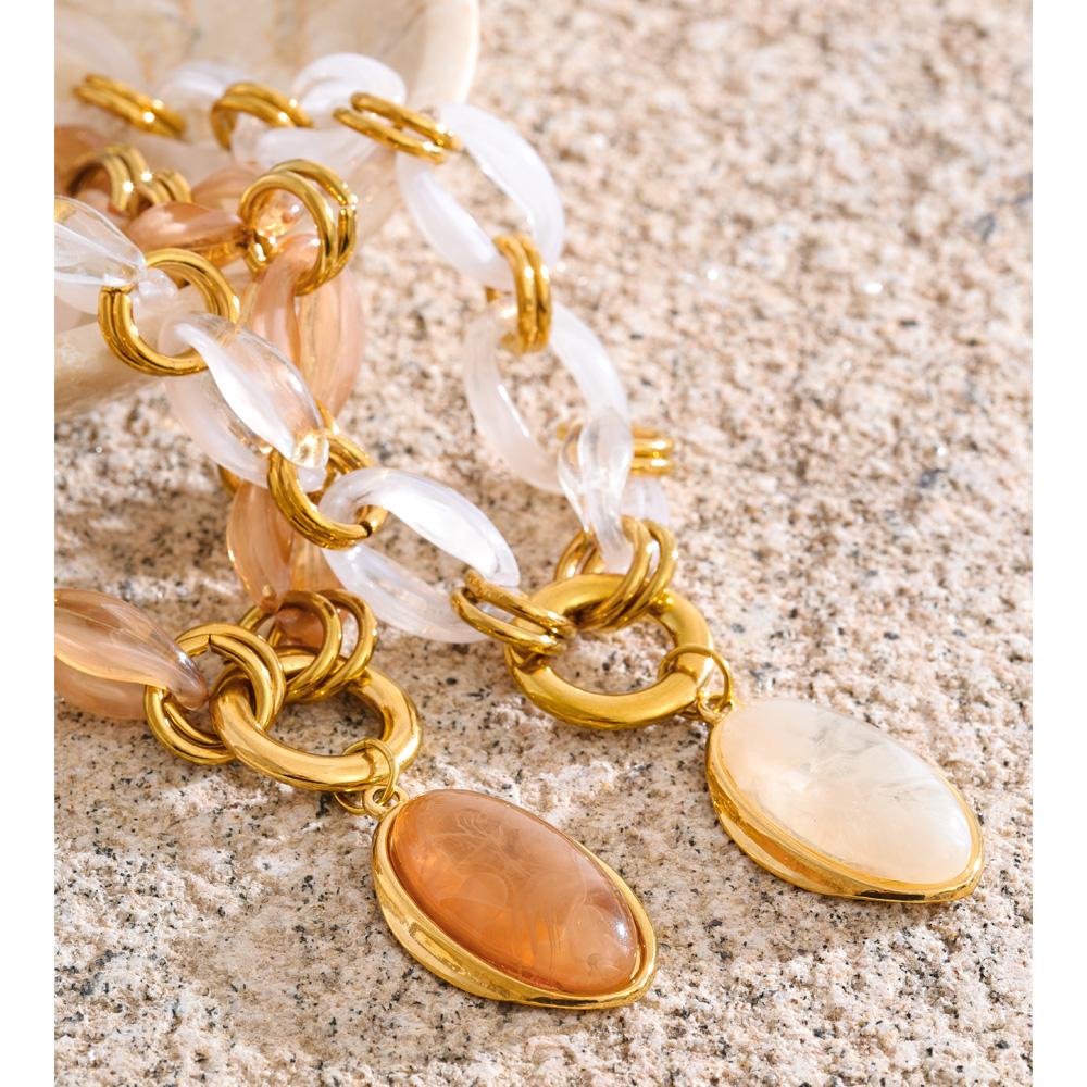 Yhpup Harz Acryl Handgefertigte Kette Ovaler Anhänger Mode Statement Halskette 18K Gold PVD Beschichtet Trendiger Wasserdichter Schmuck Geschenk
