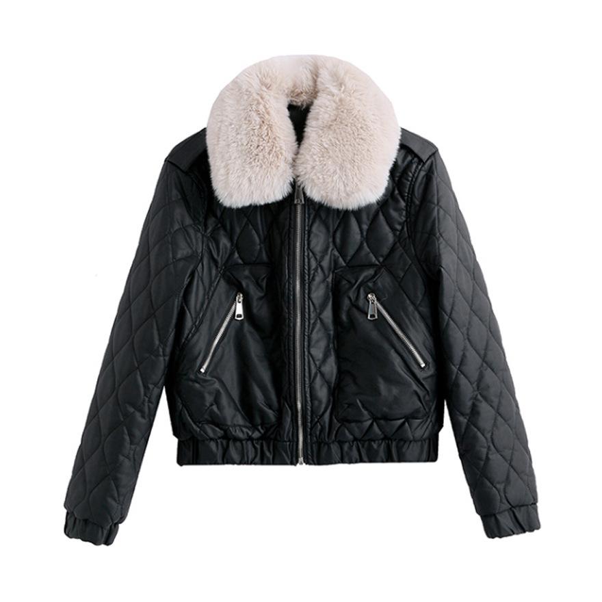 Leather Jacket Women's New Autumn and Winter Small Slim-fitting and Thin Plush Thickened Fur Collar Cotton-padded Coat