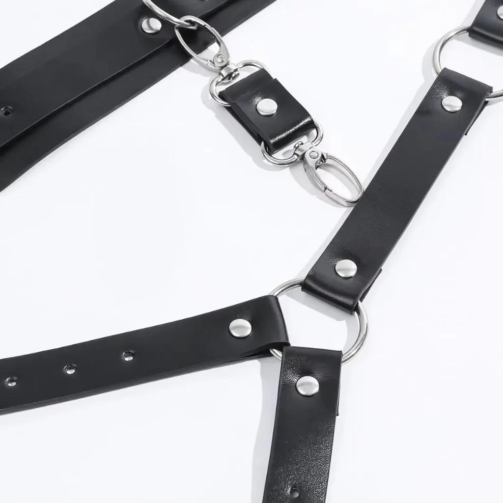 BDSM Harness SM Slave Handcuff Fetish Accessories Erotic Chest Strap Suspneder for Women PU Leather Backhandcuff Gothic Rave Set