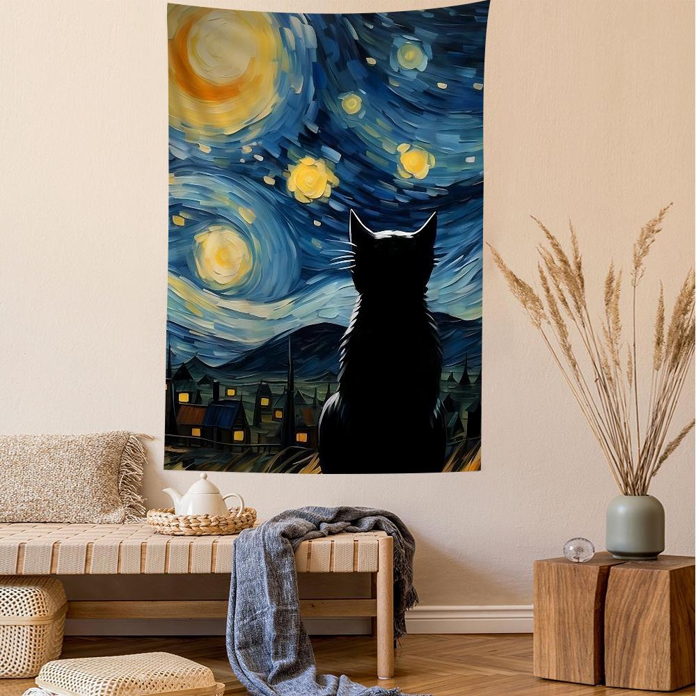 VIKAMA Summer Starry Night Black Cat Tapestry Garden Path Rooftop Double Cat Swirl Starry Night Living Room Room Decoration