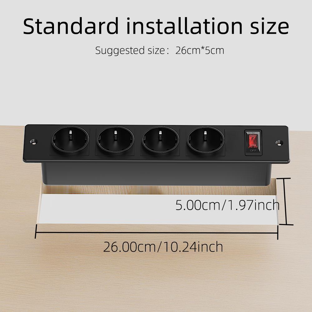 Recessed Power Strip 4 AC Outlets with Overload Protection Switch, Flush Mount Built-in Desktop Power Socket with Extension Cord