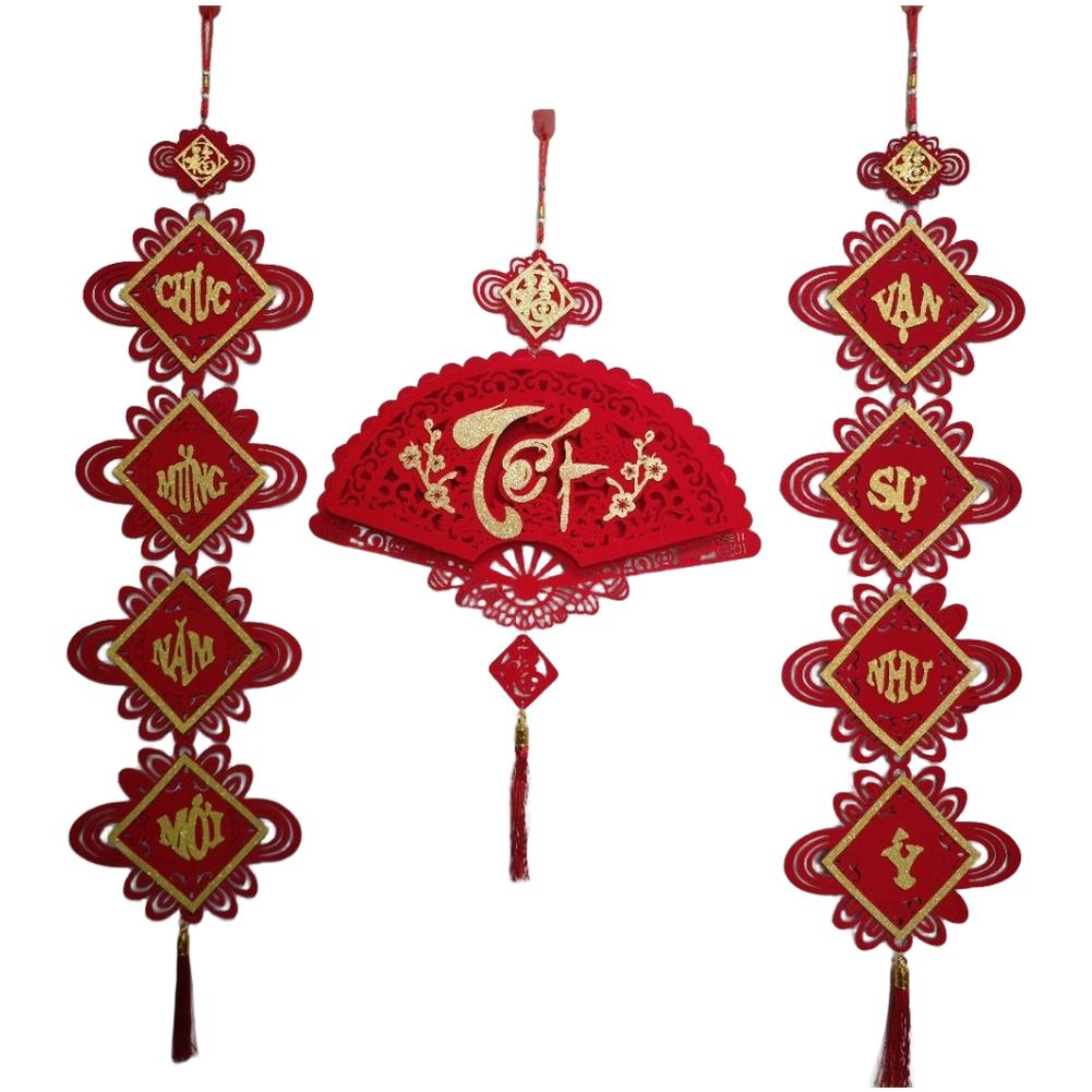

Vietnamese Tet Fan Shaped Hanging Ornament in Flannel Felt Material with Traditional Text for Lunar New Year and Spring Festival China Mainland