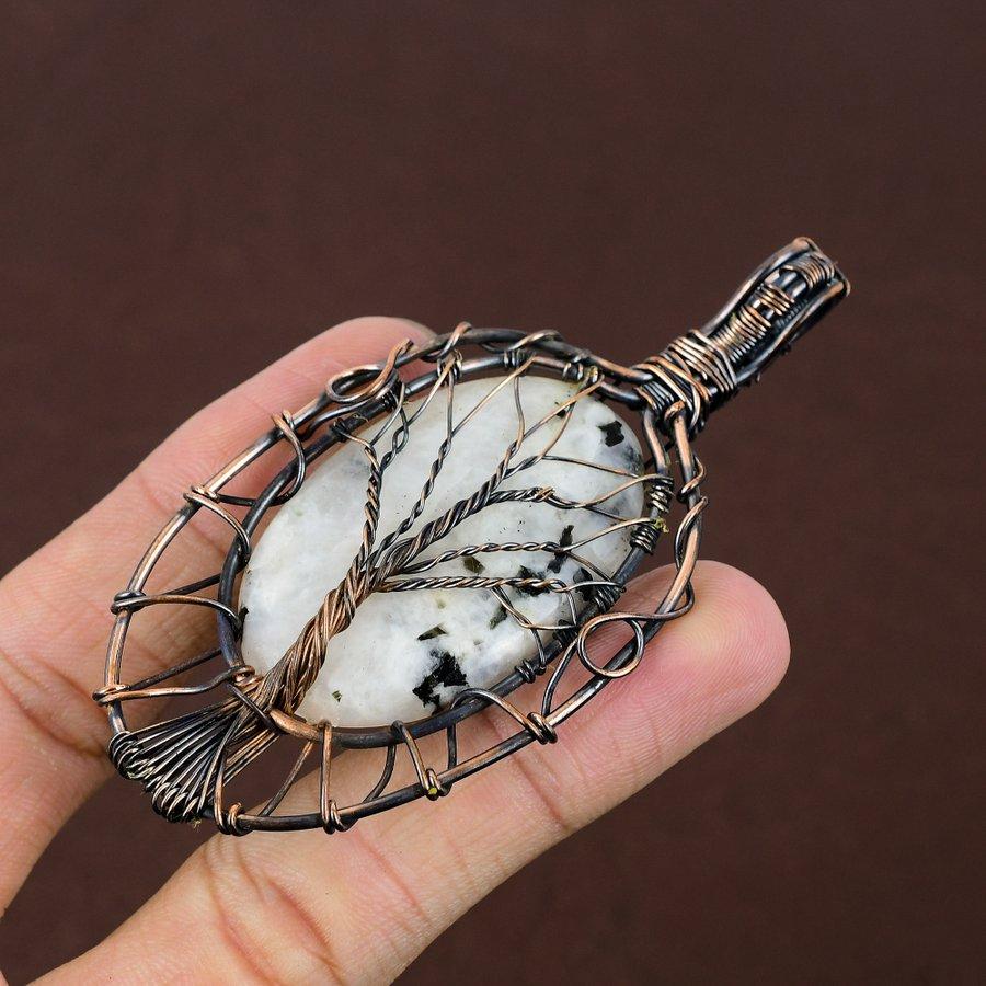Natural Rainbow Moonstone Gemstone Copper Wire Wrap Gift Pendant 3.43" j8q71
