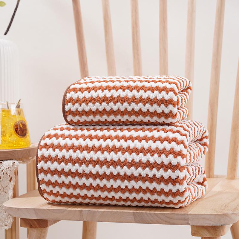 Warp-Knit Striped Coral Fleece Towels: Thick, Absorbent Face & Bath Gift Set