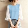 Women Casual Round Neck Splice 3/4 Sleeve Blouse